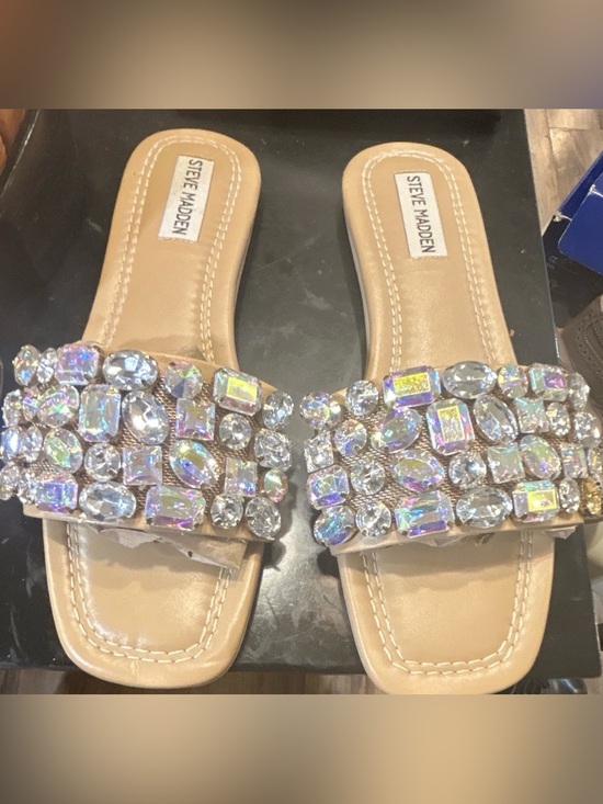 Steve Madden Shoes - Steve Madden Nude Slide Sandals with Iridescent Crystal Embellishments